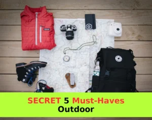 black hiking backpack near white Fujifilm instax mini camera near black leather boots, red half-zip jacket, gray pocket watch on white map