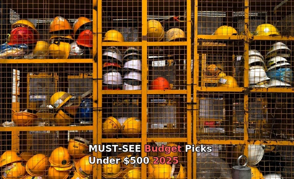 a rack filled with lots of yellow hard hats