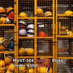 a rack filled with lots of yellow hard hats
