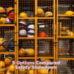 a rack filled with lots of yellow hard hats