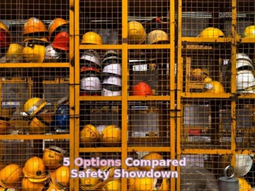 a rack filled with lots of yellow hard hats