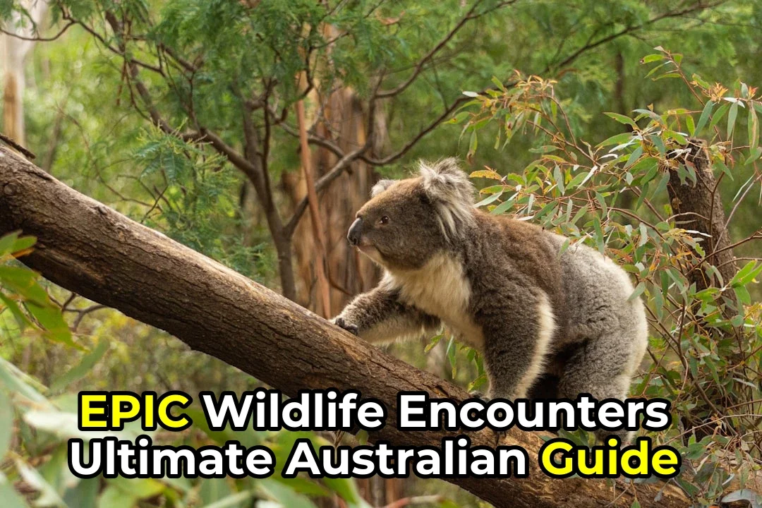 a koala climbing a tree branch in a forest