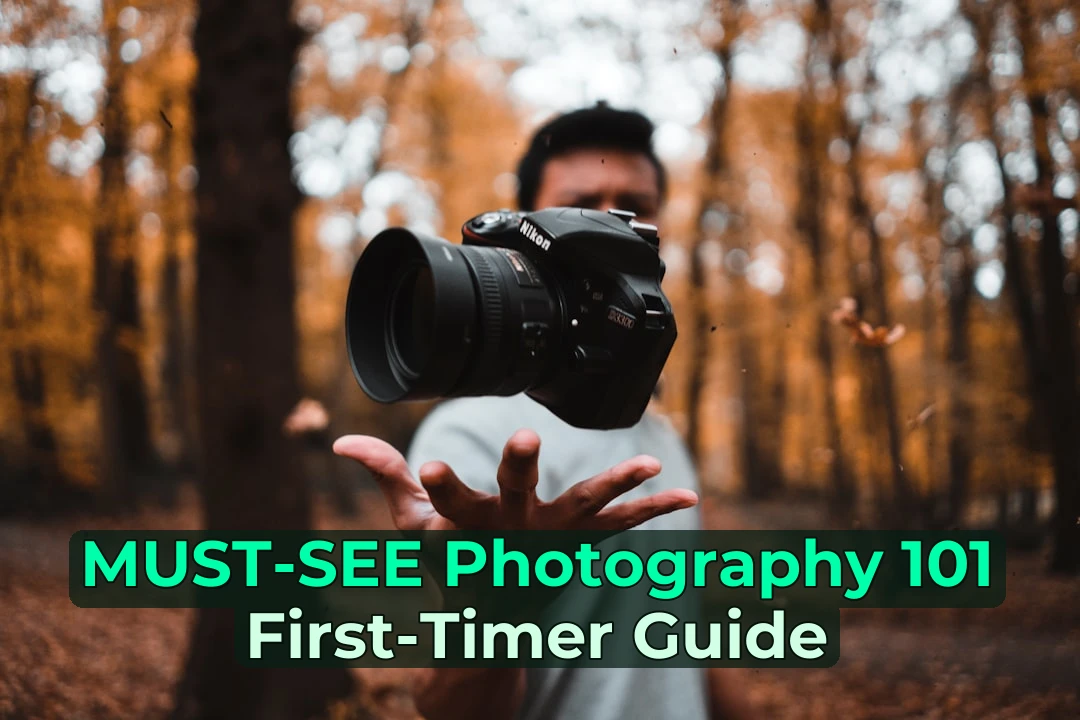 black DSLR camera floating over man's hand at the woods