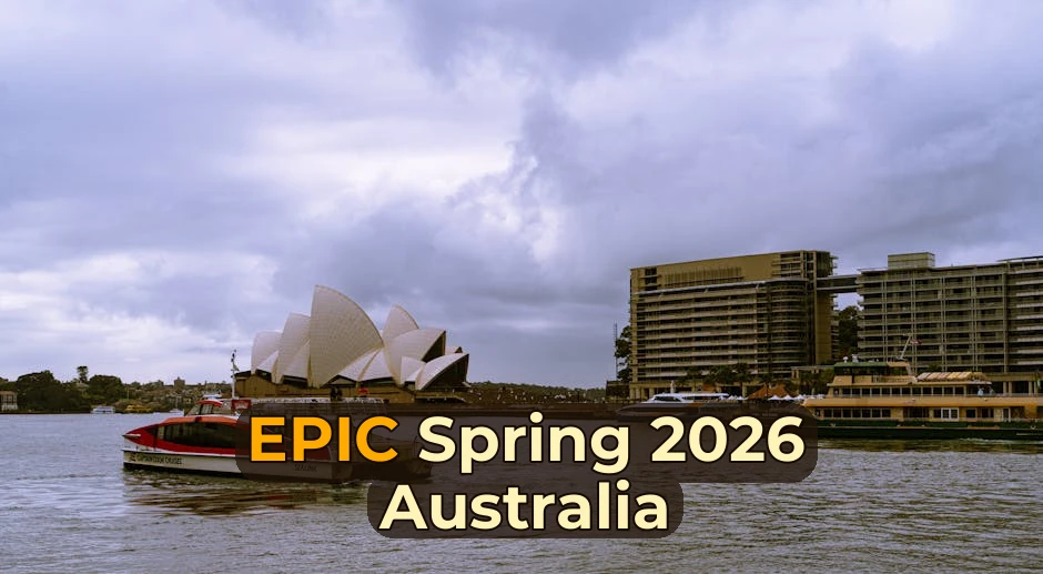 Scenic view of Sydney Opera House and bustling harbor in cloudy weather, New South Wales, Australia.
